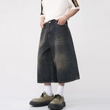 Korean Style Vintage Men's Jeans Summer Loose Male Wide Leg Knee Length Shorts New Washed Fashion Denim Trouser