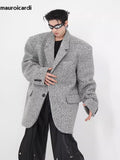 Spring Autumn Oversized Casual Stylish Black Woolen Blazers for Men Shoulder Pads Long Sleeve Loose Korean Fashion