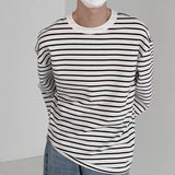 Men Round Neck T-shirts Leisure Striped Fashion All-match Retro Korean Style Chic Baggy Classic Soft Cozy Tops Spring Autumn