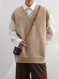 Knitted Sweaters for Men Plain Man Clothes Vest Sleeveless Solid Color V Neck Waistcoat Cigaret A Street Korean Autumn Tops