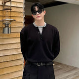 Winter Korean Crew Neck Knitted Fake Two Pieces Pullovers Men Casual Solid Color Button Fashion Goes Everything