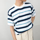 Striped T-shirts Men Chic New High Street All-match Casual O-neck Korean Style Fashion Business Casual Half Sleeve Youthful Cozy