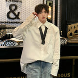 Men's Tie Shirt Loose Double Long Sleeve Design Turn-down Collar Single Breasted Fashion 2024 Summer New Male Top 9C5752