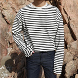 Korean Style Men's T-shirts Round Collar Striped Long Sleeve Contrast Color Causal Tops Pullover Male Loose Tee