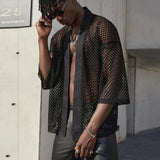 Mesh See-through Fishnet Mens Shirt Cardigan Fashion Sexy Shawl Nightclub Wear Tops 3/4 Sleeve Camisas Streetwear For Men