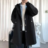 Men's Windbreaker Jacket Long Trench Oversize Loose Streetwear Hooded Vintage Black Coats High Street Casual Male Outerwear