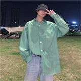 Striped Loose Causal Long Sleeve Shirts Man Button Handsome Turn-down Collar Spring Autumn Office Men's Clothing Green