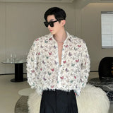 Korean Style Men's Shirt Butterfly Printing Tassel Design Loose Long Sleeve Lapel Single Breasted Fashion Male Top