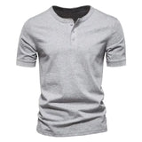 Summer Henley Collar T Shirt Men Casual Short Sleeve Solid Color Casual Mens Breathable Tops Tees Fashion Basic T-Shirt for Man