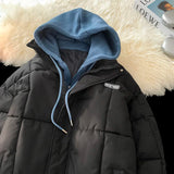 Winter Men's Fake Two Pieces Parkas Contrast Hat Thick Hooded Quilted Jacket Man Casual Loose Students Padded Coat Outerwear