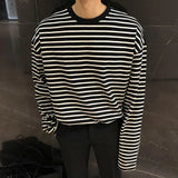 Korean Style Men's T-shirts Round Collar Striped Long Sleeve Contrast Color Causal Tops Pullover Male Loose Tee