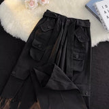 Spring Autumn New Fashion Elastic Waist Lacing Solid All-match Japanese Style Men's Clothing Pockets Cargo Loose Straight Pants