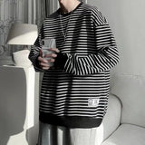 Long Sleeved T-shirt Men's Hong Kong Style Trend Ins Loose T-shirt Striped Sweatshirt Base Shirt Men's Top Coat