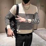 Autumn Winter New Fashion Round Long Sleeve Patchwork Striped Pullovers Men's Clothing Casual Sweaters Loose Korean Trend Tops