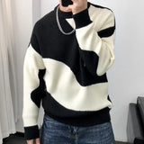 Man Clothes Round Collar Pullovers Knitted Sweaters for Men Crewneck Color Matching Black Cigaret Casual Korean Style Jumpers S