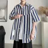 Summer Men's Hawaiian Shirts Man Short Sleeve Shirt Striped Oversized Clothes Collgeg Boy Casual Blouse Hip Hop Streetwear