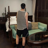 Striped Knitted Summer Tanks Tops Men's O-Neck Korean Knitwear Shirts Sleeveless Streetwear Loose Top Vintage Cropped Sexy