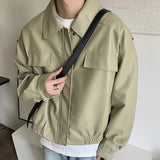 Men's Casual Texture PU Leather Jacket High Street Zippers Turn-down Collar Long Sleeve Retro Coat with Pocket Autumn New