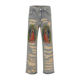 Y2K Hole Distressed Embroidery Baggy Denim Trousers Unisex Straight Hip Hop Loose Jeans Ripped Casual Men's Cargo Panrs Oversize