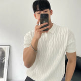 Jacquard Knitted Polo, Men's Casual V-neck Striped T-shirt, Solid Color Short Sleeve Lightweight Breathable Luxury Clothing