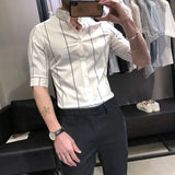 Korean Version Men's Commuter Top Spring and Autumn New Fashion Stripe Print Lapel Splice Button Business Casual Versatile Shirt