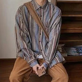 Men's Trendy Japanese Style Vintage Striped Print Streetwear Shirt Spring Autumn Casual Long Sleeve Loose Tops Camisas De Hombre