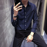 Trend Men's Clothing Summer Thin Long Sleeve Polo-Neck Single-breasted Striped Printed Business Casual Simplicity Commute Shirts