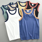 Summer New American Sleeveless O-neck Solid Color T-shirt Men's Fashion 100% Cotton Washed Casual Sports Fitness Basketball Vest