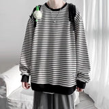 Long Sleeved T-shirt Men's Hong Kong Style Trend Ins Loose T-shirt Striped Sweatshirt Base Shirt Men's Top Coat