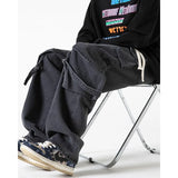 Stylish Hip Hop Baggy Jeans Men Big Pocket Ribbons Wide Leg Oversized Long Cargo Pants Drawstring Casual Mens Clothing Black