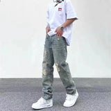 Street Wash Worn Cut Jeans Men's Summer Fashion Loose Straight Pants Traf Fall Guys