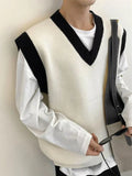 Man Clothes Beige Vest Waistcoat Knitted Sweaters for Men V Neck Sleeveless Order Korean Fashion Over Fit Knit Large Big Size X