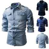 New Men's Denim Turn-down Collar Shirt Coat Fashion Casual Daily Multi Pocket Button Shirt Thin Slim Men's Clothing