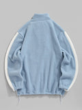 Men's Casual Colorblock Fleece Fluffy Zip Up Stand Collar Pocket Toggle Drawstring Applique Design Jacket