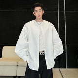 Korean Style Men's Collarless Shirt Loose Lantern Long Sleeve Solid Color Casual Single Breasted Top Spring