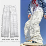 Spring New White Striped Tassel Straight Jeans Men Y2k Street Ripped Hip-hop Loose Casual Denim Trousers