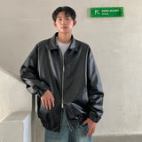 Men's Casual Texture PU Leather Jacket High Street Zipper Turn-down Collar Solid Color Long Sleeve Retro Coat Autumn M-3XL