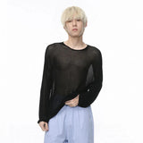 Korean Style Men's T-shirt Hollow Out Round Neck Autumn New Long Sleeve Trend Soild Color Male Pullover Clothing