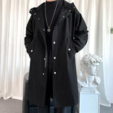 Men's Windbreaker Jacket Long Trench Oversize Loose Streetwear Hooded Vintage Black Coats High Street Casual Male Outerwear