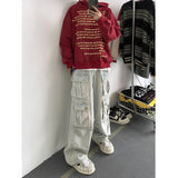 Light Blue Cargo Jeans Men's Patchwork Straight Casual Trousers Men Muti-pockets Hip Hop Streetwear Loose Fashion Pants