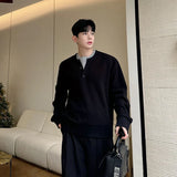 Winter Korean Crew Neck Knitted Fake Two Pieces Pullovers Men Casual Solid Color Button Fashion Goes Everything