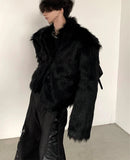 Winter Short Cool Thick Warm Soft Black Hairy Faux Fox Fur Coat Men Long Sleeve Luxury Designer Fluffy Jacket