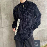 Niche Style Men's Shirts Casual Bamboo Printing Wrinkle Knot Button Stand Collar Long Sleeve Male Tops Trend Spring