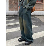 Vintage Green Wash Baggy Jeans for Men New Casual Wide Leg Adjust Waist Y2k Pants Street Style Work Wear Male Trousers