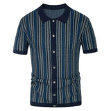 Men's Summer Casual Stripe Shirts Knitted Vintage British Breathable Patchwork Short Sleeve Jacquard Business Polo Shirt