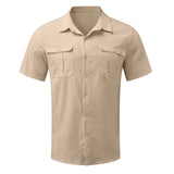 Men Short-Sleeved Shirts Summer Solid Color Stand-Up Collar Casual Beach Style Plus SizeMale Cotton Linen  Shirts M-5XL