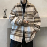 Vintage Woolen Jacket Men Autumn and Winter New Ins Loose Casual Lapel Pockets Single Breasted Couple Plaid Woolen Coat