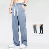 Summer Thin Soft Lyocell Fabric Jeans Men Loose Wide Leg Drawstring Elastic Waist Denim Pants Grey Casual Trousers Plus Size 5XL