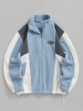 Men's Casual Colorblock Fleece Fluffy Zip Up Stand Collar Pocket Toggle Drawstring Applique Design Jacket