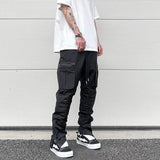 Harajuku Black Tapered Pants for Mens Functional Rubber Band Pleated Waterproof Zipper Casual Pants Nylon Men's Jogging Pant